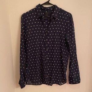 JCrew navy and white polka dot button down